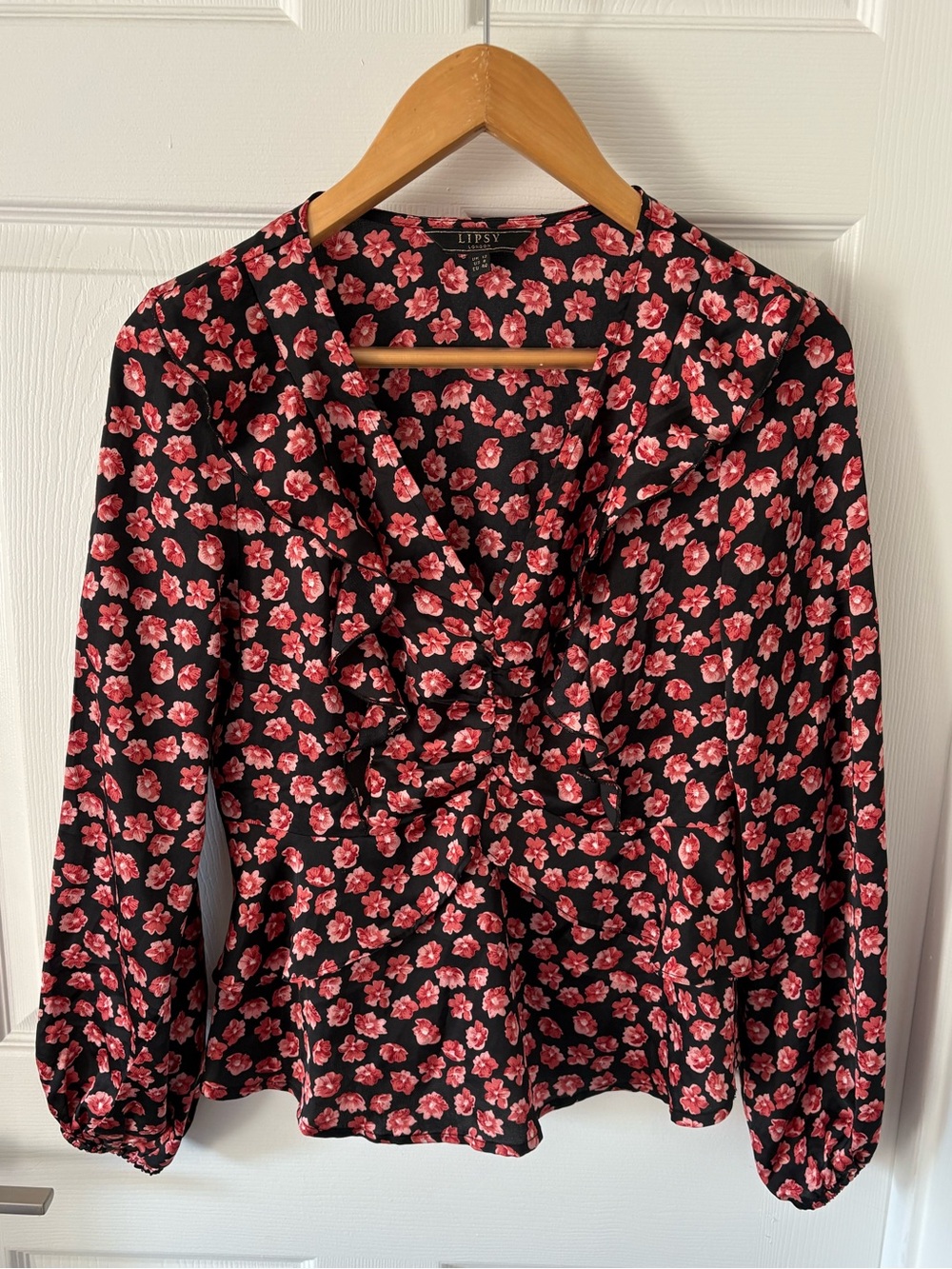 Lipsy London Black Floral Chiffon Ruffle Blouse V-Neck Balloon Sleeve - Size 8